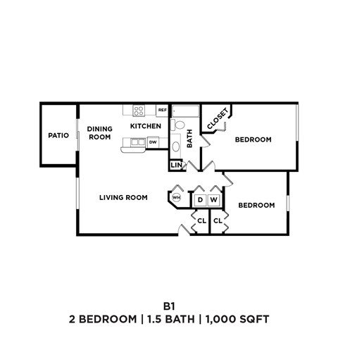 A floor plan of a 2 bedroom apartment with 1.5 bathrooms and 1,000 sqft.
